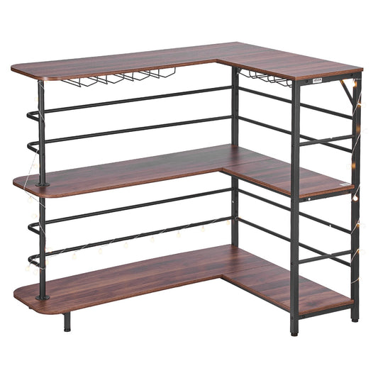 Home Bar Unit, L-Shaped Wine Bar Cabinet Table 3-Tier With Storage Shelves, Adjustable Foot Pads, LED Light, Walnut Finish & Metal Frame Liquor Cabinet For Home, Kitchen,Living Room,Pub,Basement