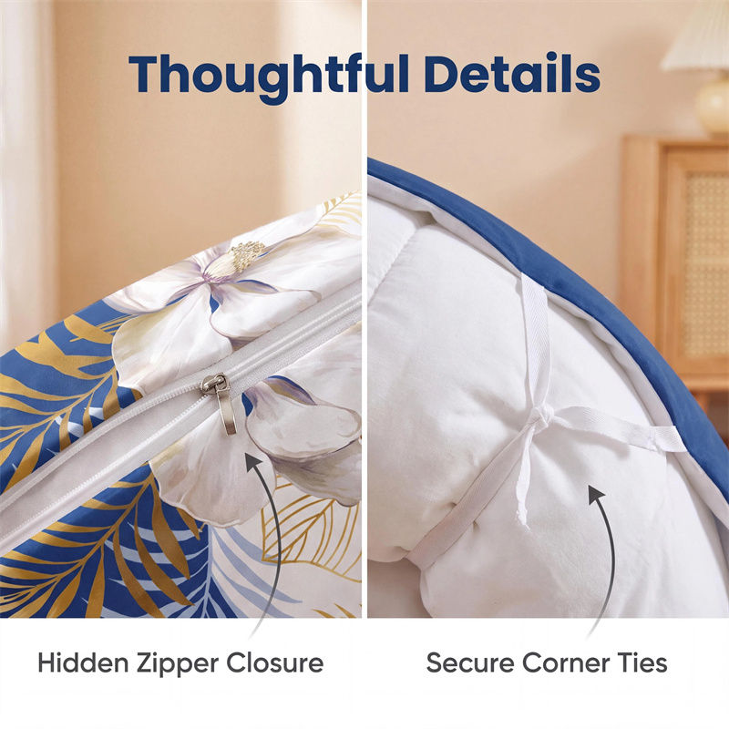 3 Piece Duvet Cover Set, US Designer Navy Blue And Gold Tropical Floral Botanical Print High GSM Heavyweight Comforter Cover With Zipper & Corner Ties, Pet-Friendly Microfiber Bedding
