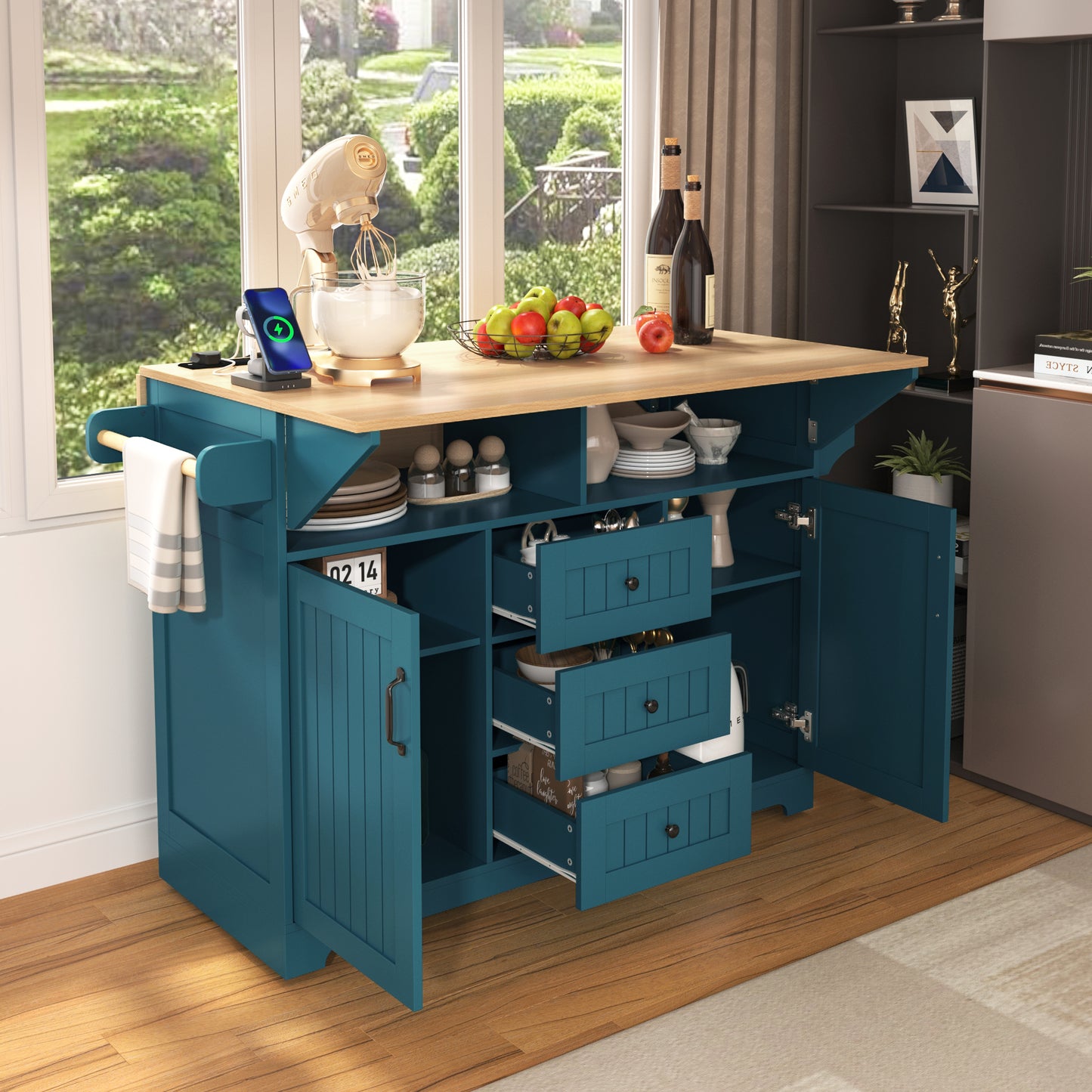 K&K 55.7  Large Kitchen Island With 2 Drop Leaf,, Rolling Kitchen Cart On 5 Wheels With Power Outlet, Folding Storage Dining Table With Spice & Towel Rack , 3 Drawers, For Kitchen, Dining Room,Green