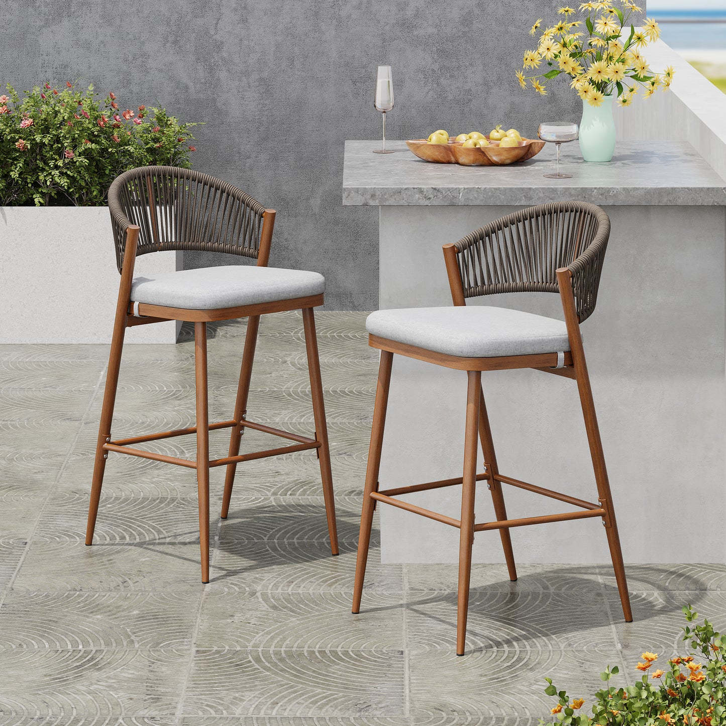 Outdoor 30.25 Seat Height Aluminum Frame Barstools With PE Rattan Scallop-shaped Backrest, Set Of 2, Teak Finish