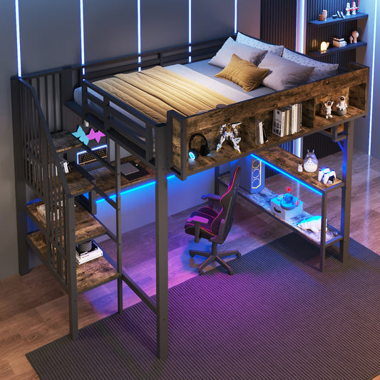 Loft Bed 140x200 Cm Vintage Brown-black With Corner Desk, Storage Space & Perforated Plate, Socket USB Type-C & LED, Large Loft Bed EN747  Without Mattress