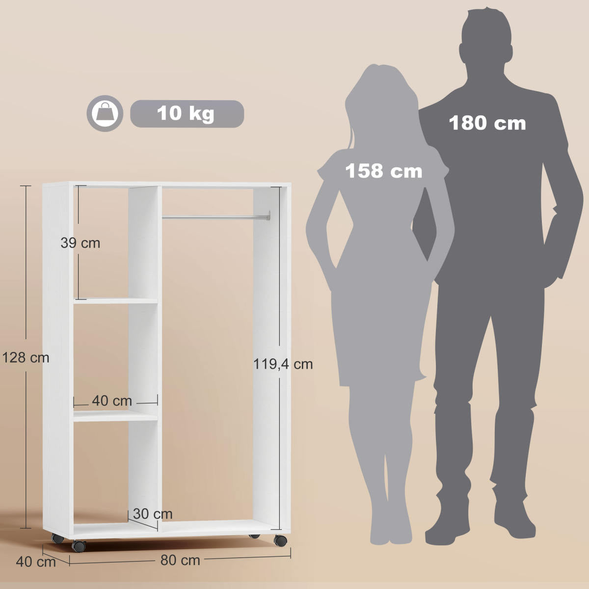 Kleiderschrank Auf Rollen, Mobile Garderobe, Garderobenschrank, Rollbarer Kleiderständer, 80 X 40 X 128 Cm, Weiß