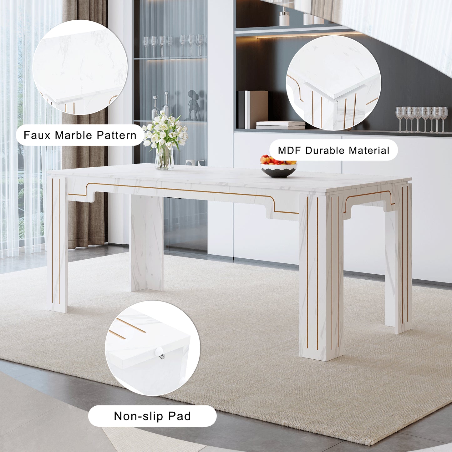 71 X 31.5 Inch White Marble Patterned MDF Spliced Tabletop Dining Table With Grooved Legs Design. Home Dining Table, Suitable For 6-8 People. Flexible Adaptation To Restaurants, Living Rooms, Etc.
