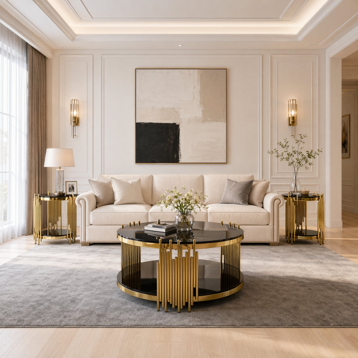 Modern Round Glass End Table For Living Room, Black And Gold Side Table Glass Top, Luxury Circle Tea Table With Stainless Steel Legs, Small Office Table, Sturdy Glass Top Bedside Table, Sofa Table