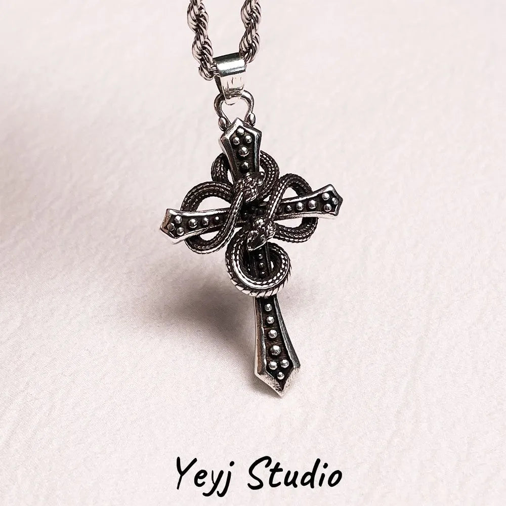 1pcs Vintage Twisted Chain Snake Wrapped Cross Pendant Necklace, Dark Punk Gothic Style, For Men Street Biker Party Wear & Male Holiday Gifts