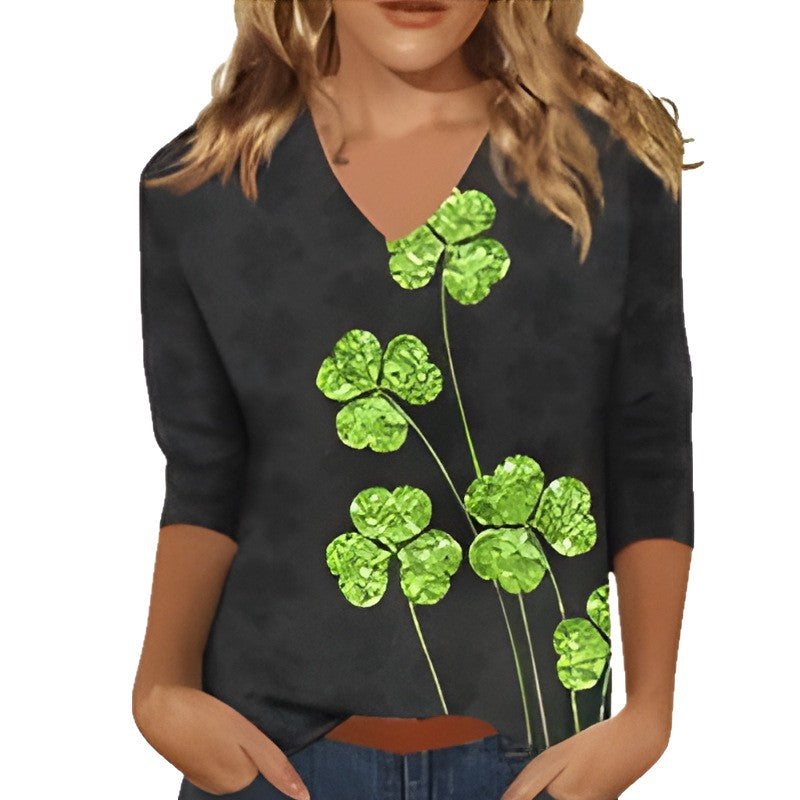 Womens Fashion V-neck Printed Loose-fitting Long-sleeve