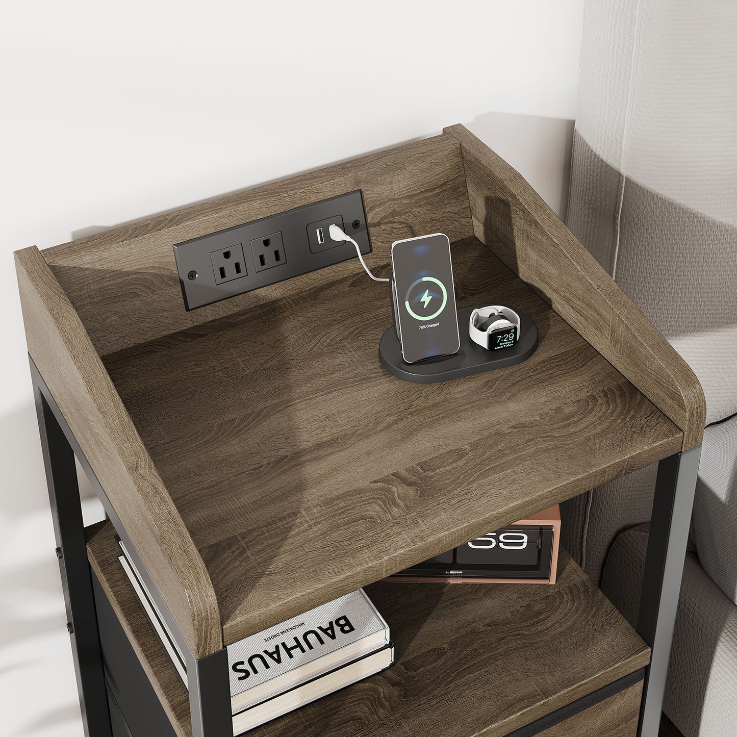 2 Pack Night Stand With Charging Station And Light Bedside End Table With 3 Fabric Drawers 2 USB Ports And Outlets For Bedroom