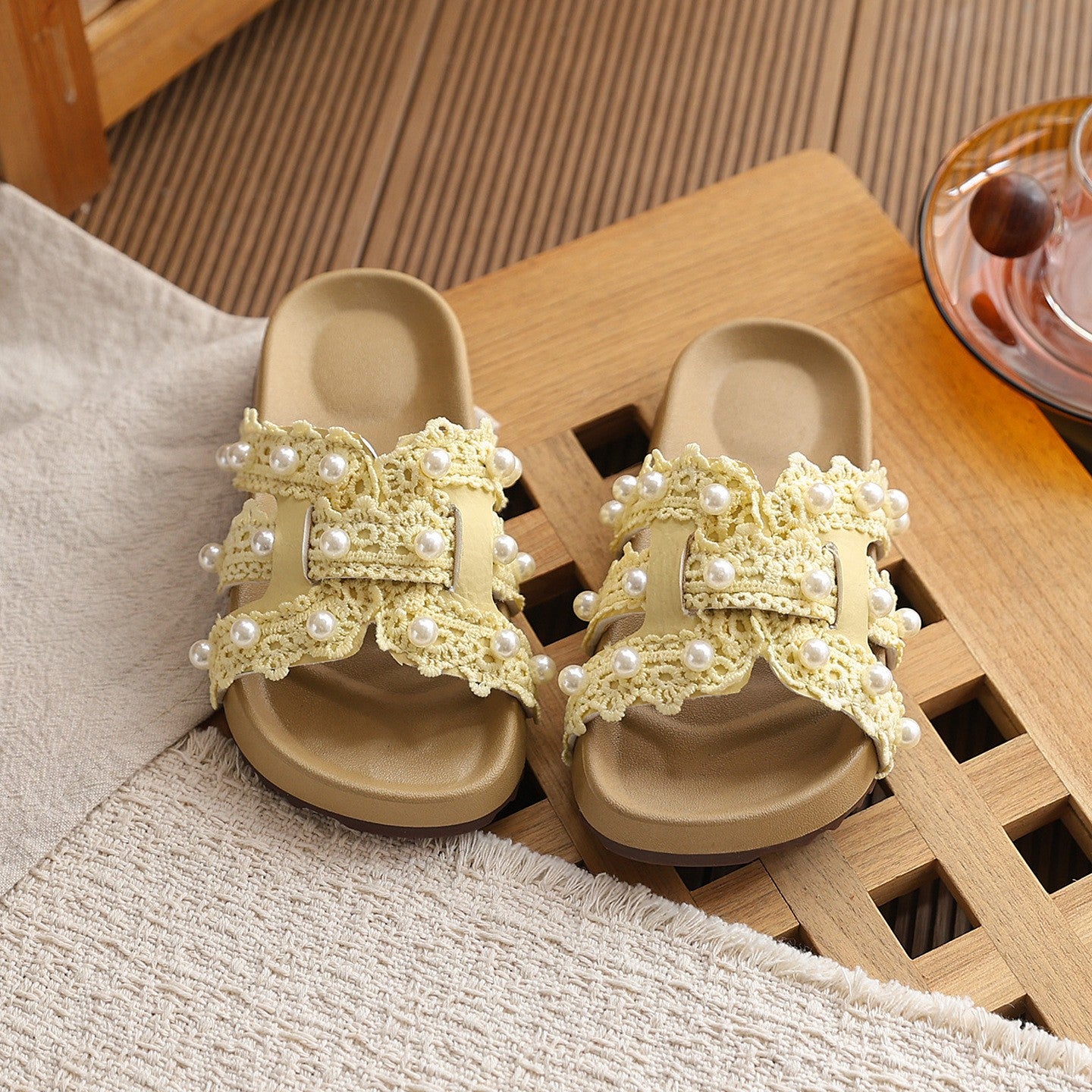2026 Summer New Korean Style Girls Slippers,  Style Lace Trim Sandal Slippers, Fashion Beach Slide Shoes For Matching Dresses