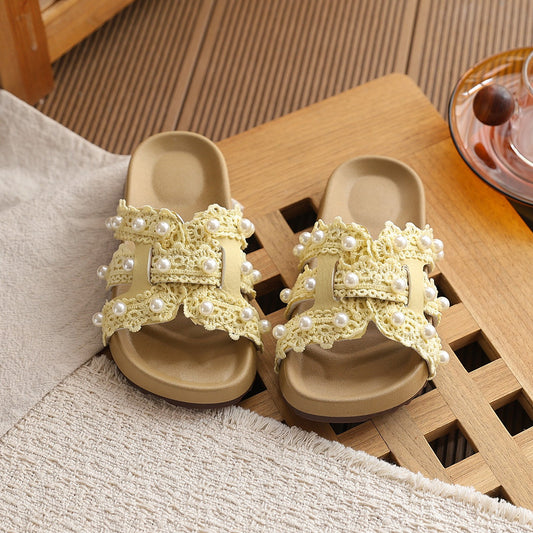 2026 Summer New Korean Style Girls Slippers,  Style Lace Trim Sandal Slippers, Fashion Beach Slide Shoes For Matching Dresses