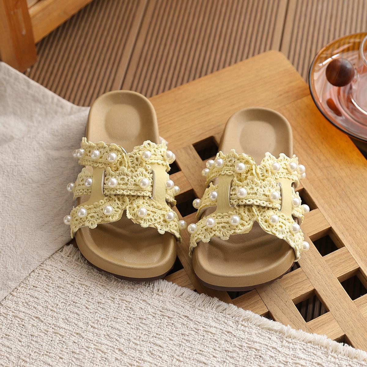 2026 Summer New Korean Style Girls Slippers,  Style Lace Trim Sandal Slippers, Fashion Beach Slide Shoes For Matching Dresses