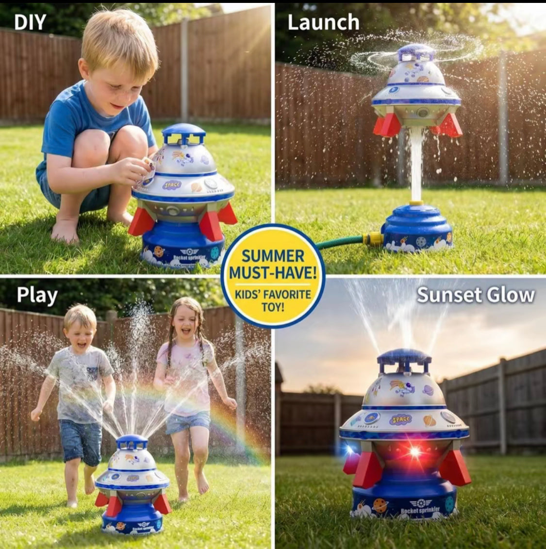 Kids UFO Rocket Water Sprinkler, Flying Saucer Water Launcher With Colorful LED Flashing Lights & DIY Stickers, Outdoor Summer Water Toy For Yard & Garden
