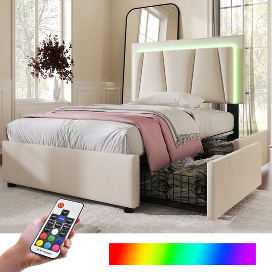 Sofa Bed With LED Lighting And 2 Drawers, Height Adjustable Headboard, Single Bed 90x200cm, Storage Bed Frame, Wooden Bar Bed, Beige Without Mattress