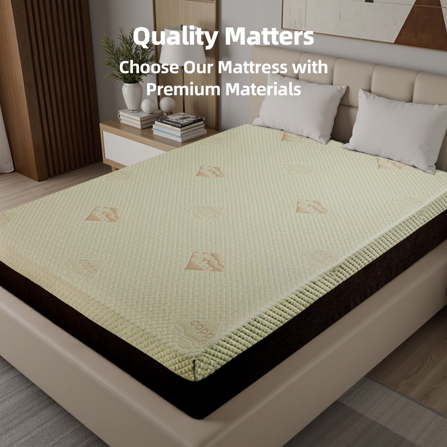 12-Inch Queen Mattress  Copper Infused Cooling Gel Foam Bed, 7-Zone Pressure Relief, Air Layer Comfort Cover, Medium Firm Support Made In Japan