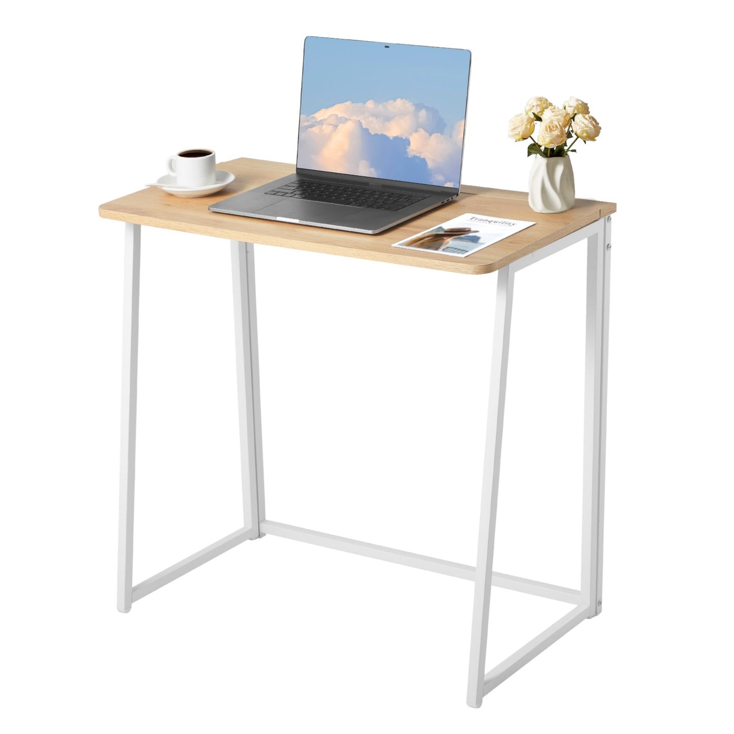 Folding Desk, 31.5" Foldable Table For Small Spaces With Storage Hooks, Space Saving Computer Table, Writing Workstation For Home Office, Easy Assembly, Oak