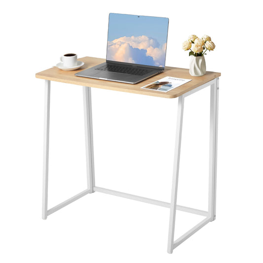 Folding Desk, 31.5" Foldable Table For Small Spaces With Storage Hooks, Space Saving Computer Table, Writing Workstation For Home Office, Easy Assembly, Oak