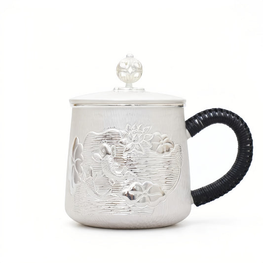 925 Sterling Silver Elegant Silver Tea Mug featuring Embossed Koi and Lotus Design with Woven Handle - Handicraft