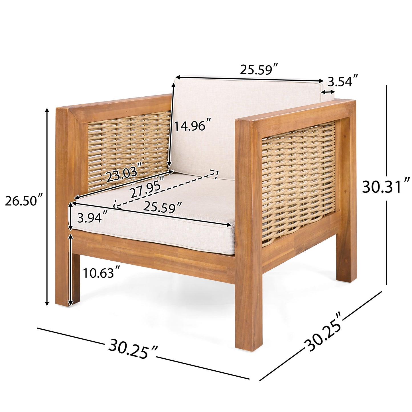 Outdoor Club Chair Set Of 2, Acacia Wood Frame With Wicker Armrest And Beige Cushions,400 Lbs Capacity