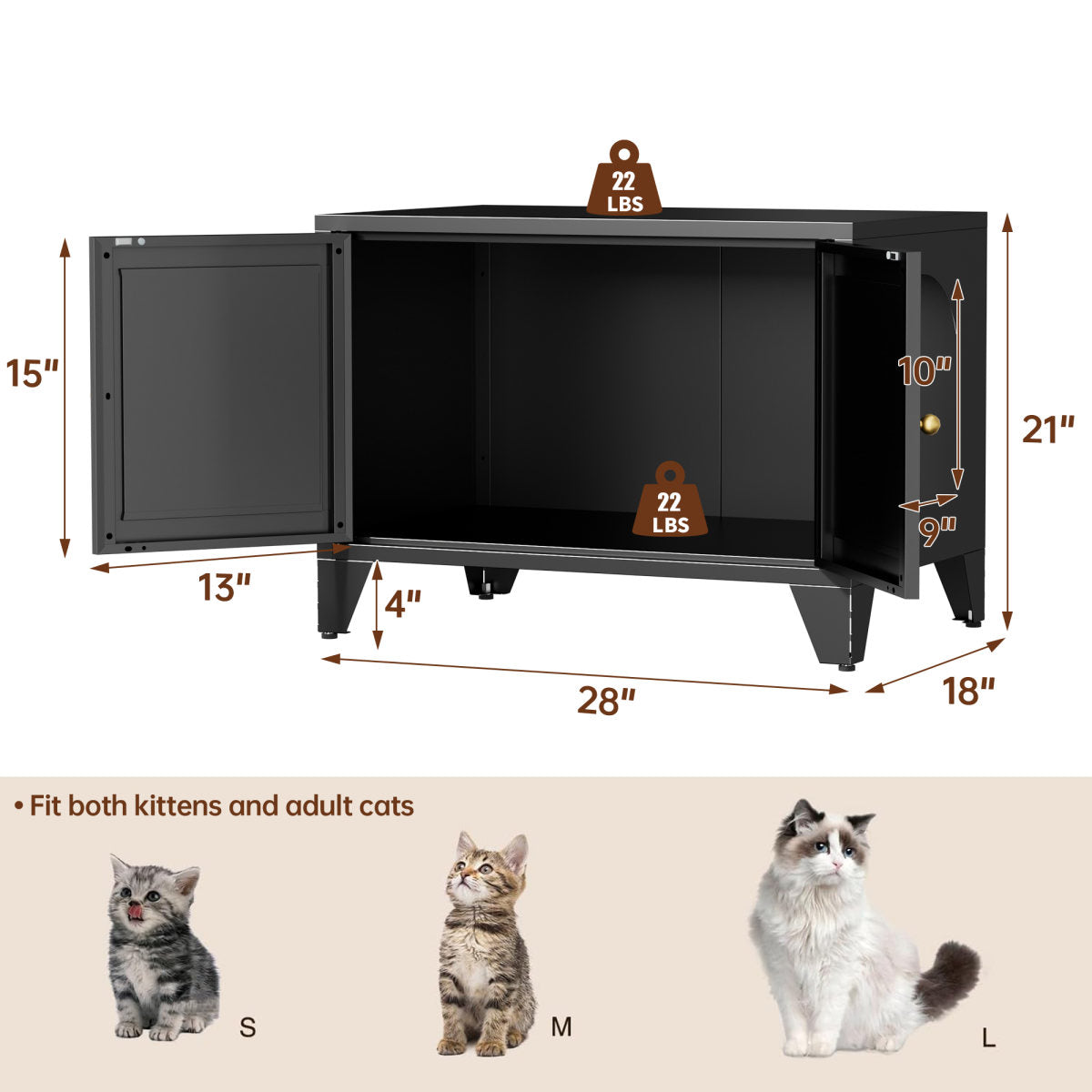 Metal Cat Litter Box Enclosure, Modern Hidden Litter Box Furniture Indoor Pet House, Freestanding Cat Washroom Cabinet Fits Most Standard Litter Boxes, Black Decorative Pet Side Table For Home
