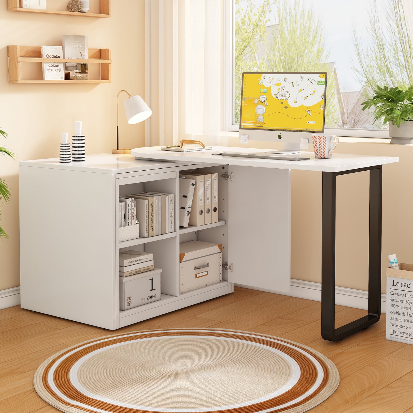 This 2-in-1 Desk And Folding Bed Feature A Metal Bed Frame And Legs, A 4cm Thick Mattress, Castors, A Single Cabinet With Two Storage Compartments And Are White.