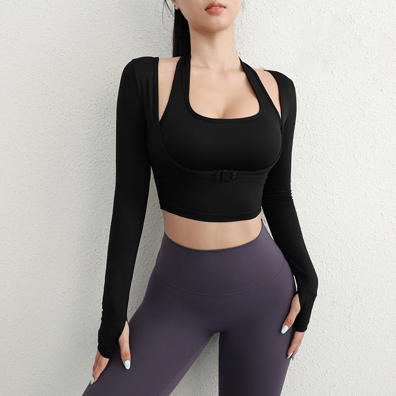 Womens Yoga Fitness Top With Built-in Padded Bra AutumnWinter Fake Two-Piece Long-Sleeve Top