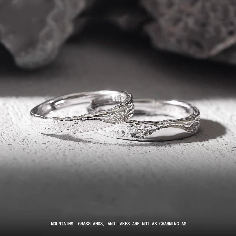 1 Pair 999 Sterling Silver Glacier Hammered Couple Rings, Adjustable Promise Rings, Ideal Valentine's Day Gift For Lovers
