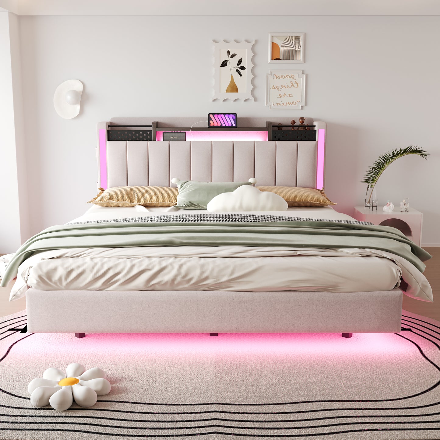 Upholstered Bed 160x200 With LED Lighting And USB Socket, Headboard With Storage Space, Floating Bed Youth Bed Adult Bed, Linen Fabric, Beige