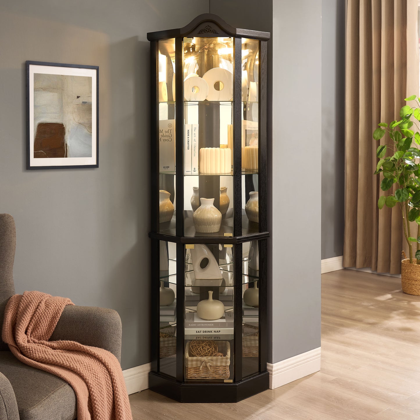 Lighted Glass Display Cabinet Corner Curio Cabinet With Adjustable Shelves Carved Cherry Decoration Wine Cabinet Perfect For Home Or Office Use-BLACK