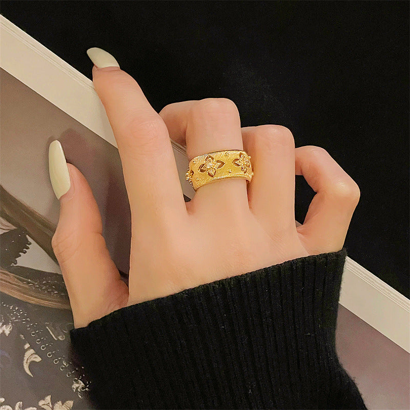 Niche Gold Vintage Brushed Retro Ring For Women, Zircon Inlay Luxury Exquisite Temperament Personalized Accessories