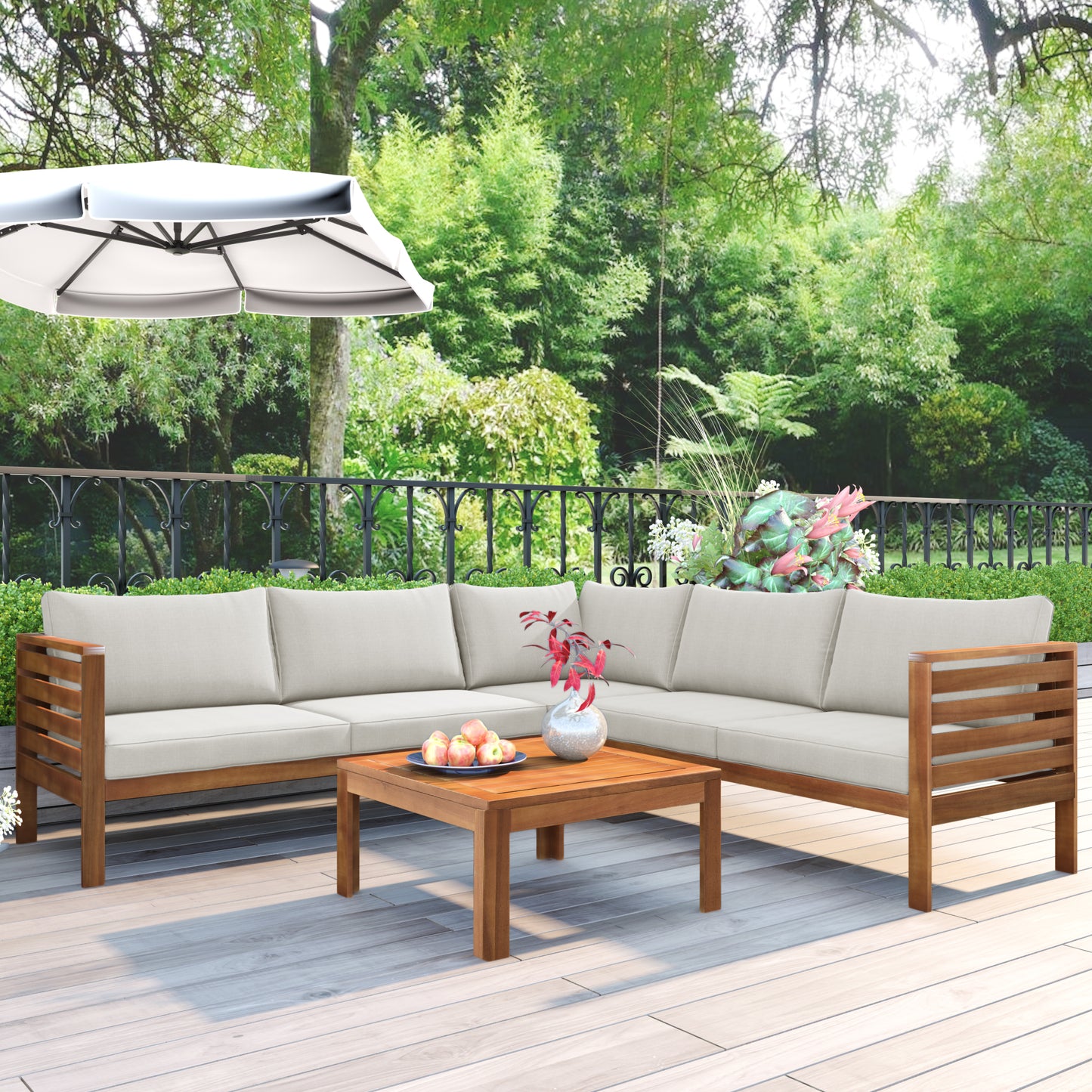 Wood Structure Outdoor Sofa Set With Beige Cushions Exotic Design Water-resistant And UV Protected Texture High Quality Acacia Wood Strong Metal Accessories