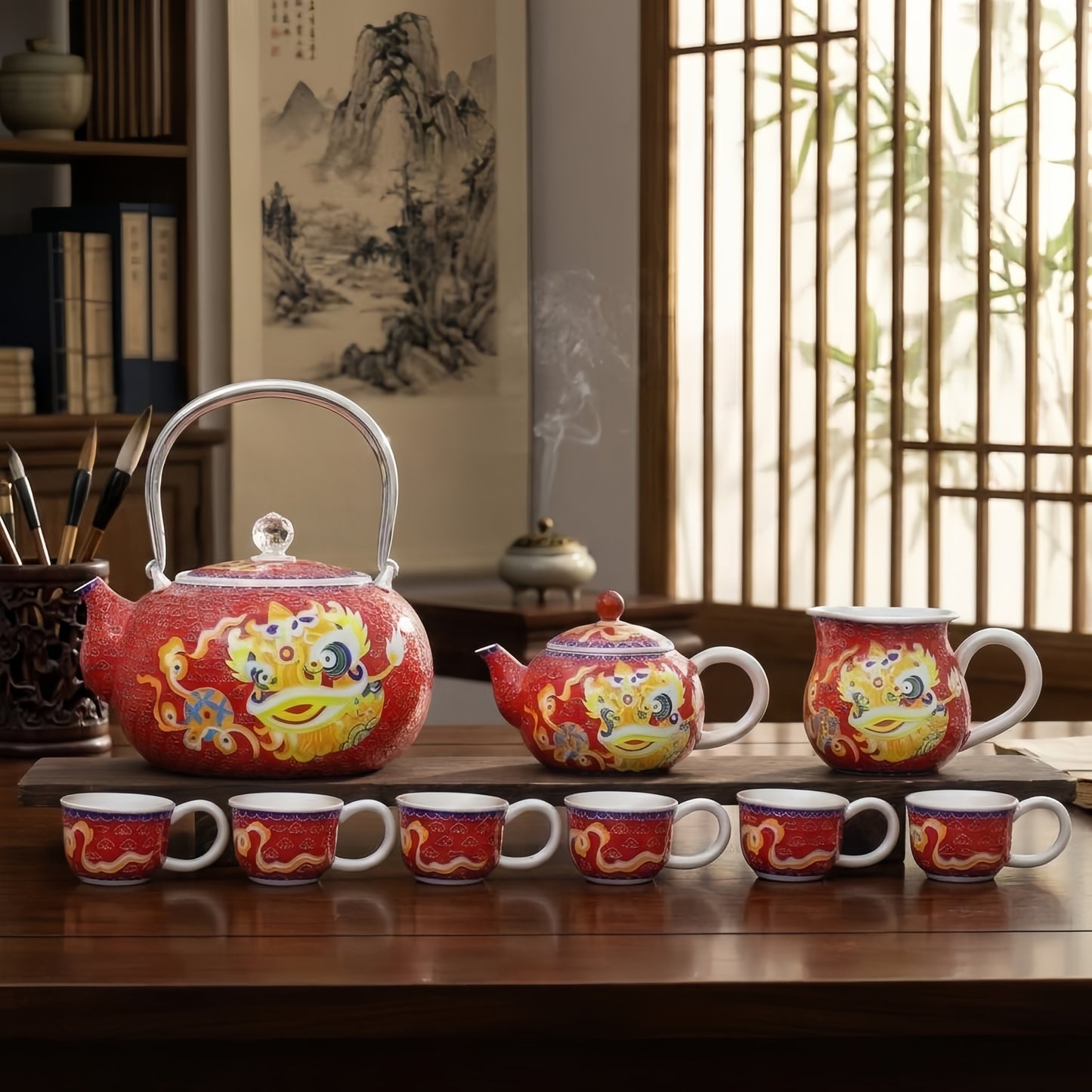 925 Sterling Silver Dragon Motif Tea Set: Traditional Red and Gold Ceramic Collection - Handicraft