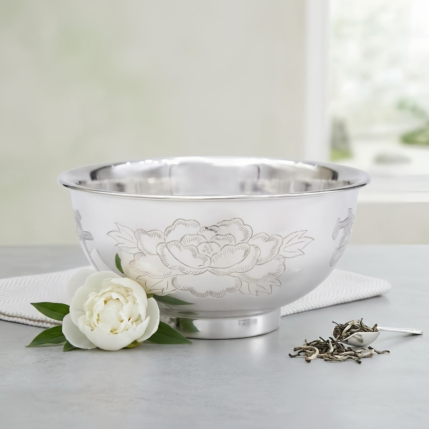 Pure 999 Fine Silver Elegant Hand-Engraved Silver Floral Bowl with Peony Motif for Home Decor - Handicraft