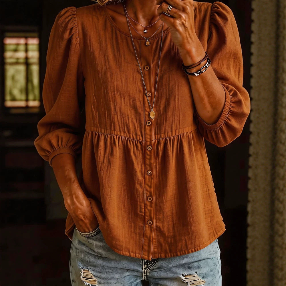 Casual Fashion Solid-Color Three-Quarter-Sleeve Crew-Neck Button-Down Shirt