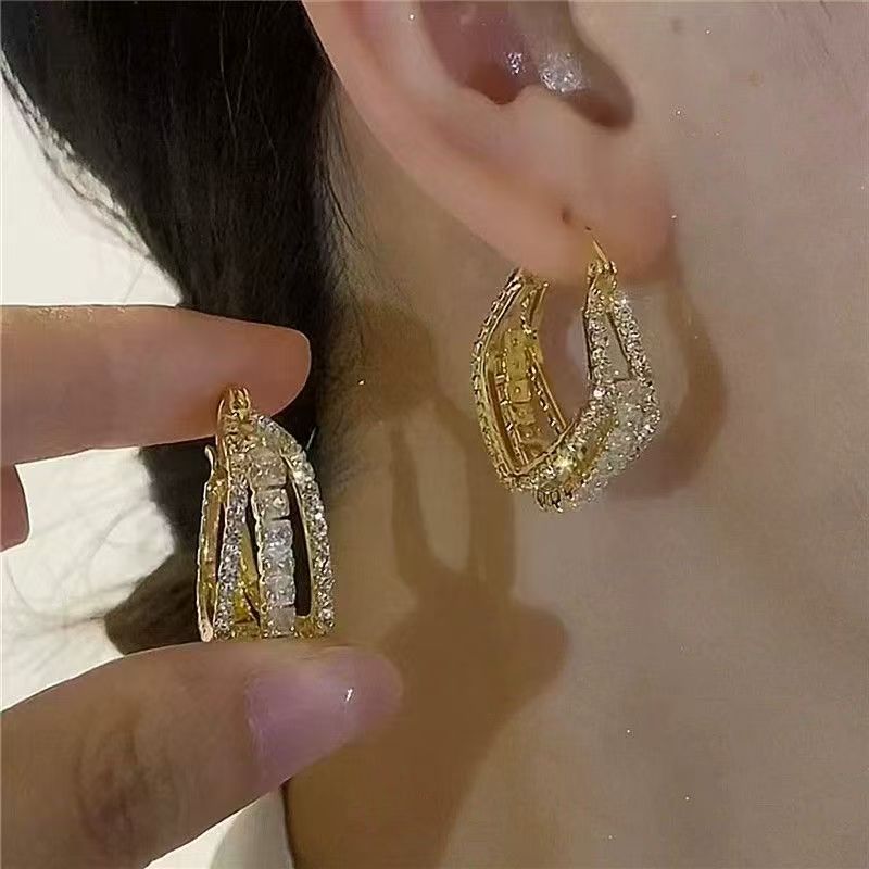 2026 New Spring & Summer Hong Kong Style Light Luxury Super Sparkly Alloy Geometric Square Hoop Earrings, High-End Designer Elegant Ear Rings For Women