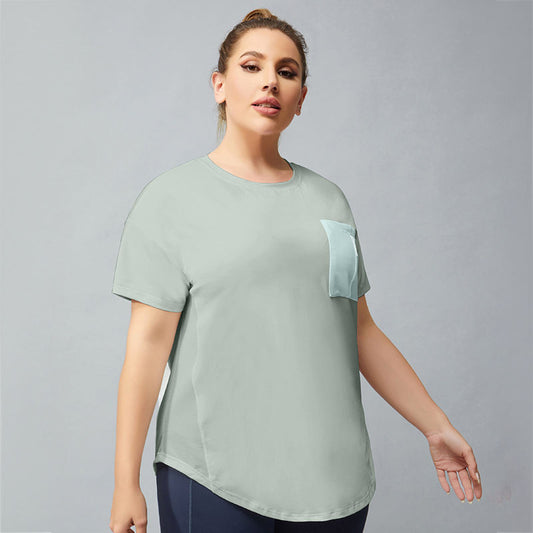 Women's Sports T-shirt Fitness Pocket Stitching Yoga Short Sleeve Sweat