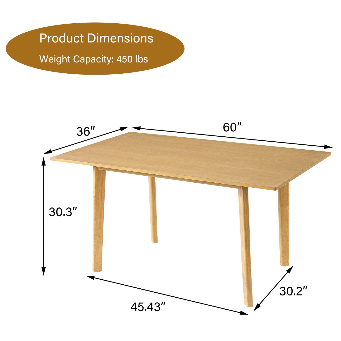 60  Rustic Farmhouse Dining Table - Solid Wood Frame, Minimalist Modern Dining Table For Kitchen, Dining Room, Living Room, Natural