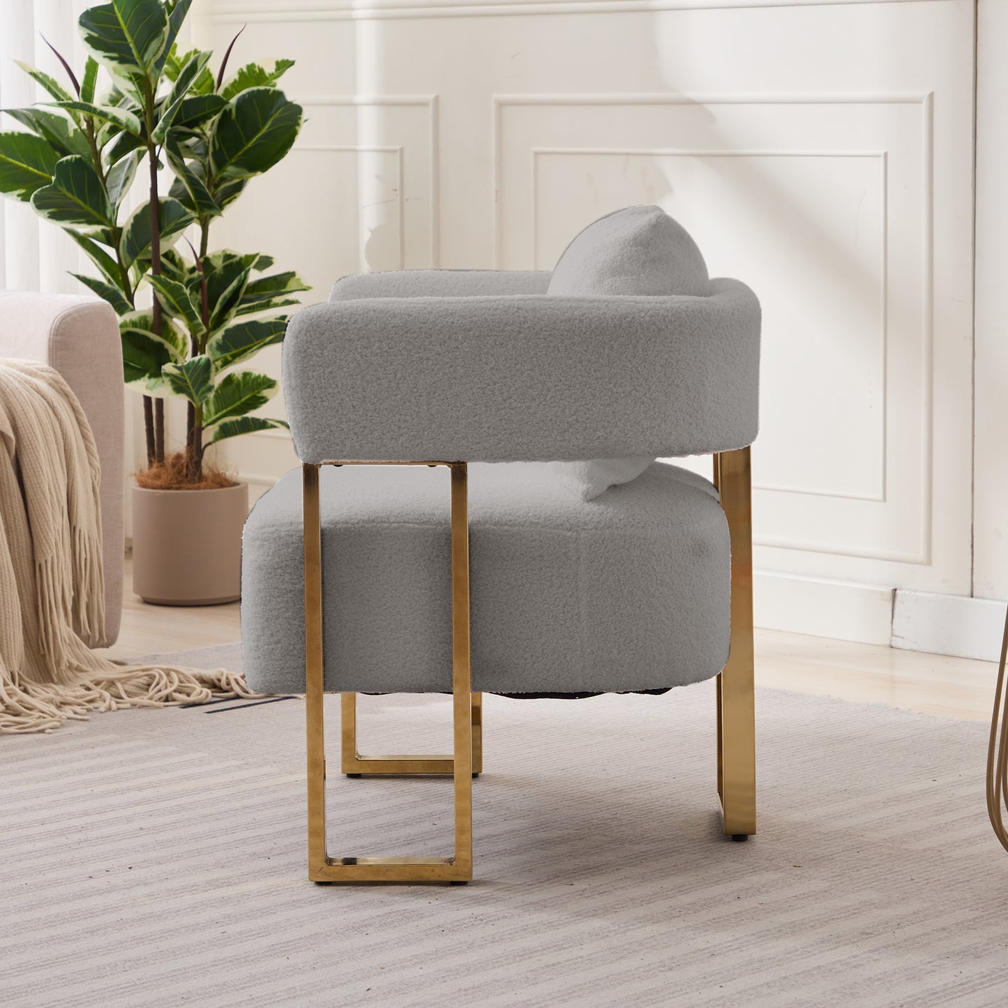 TS Modern Decorative Chair, Living Room Side Chair With Gold Metal Legs, No Wheels, Suitable For Dressing Area, Reception Room, Office,Teddy Fleece Upholstered Metal Foot Sofas 2PCS Grey