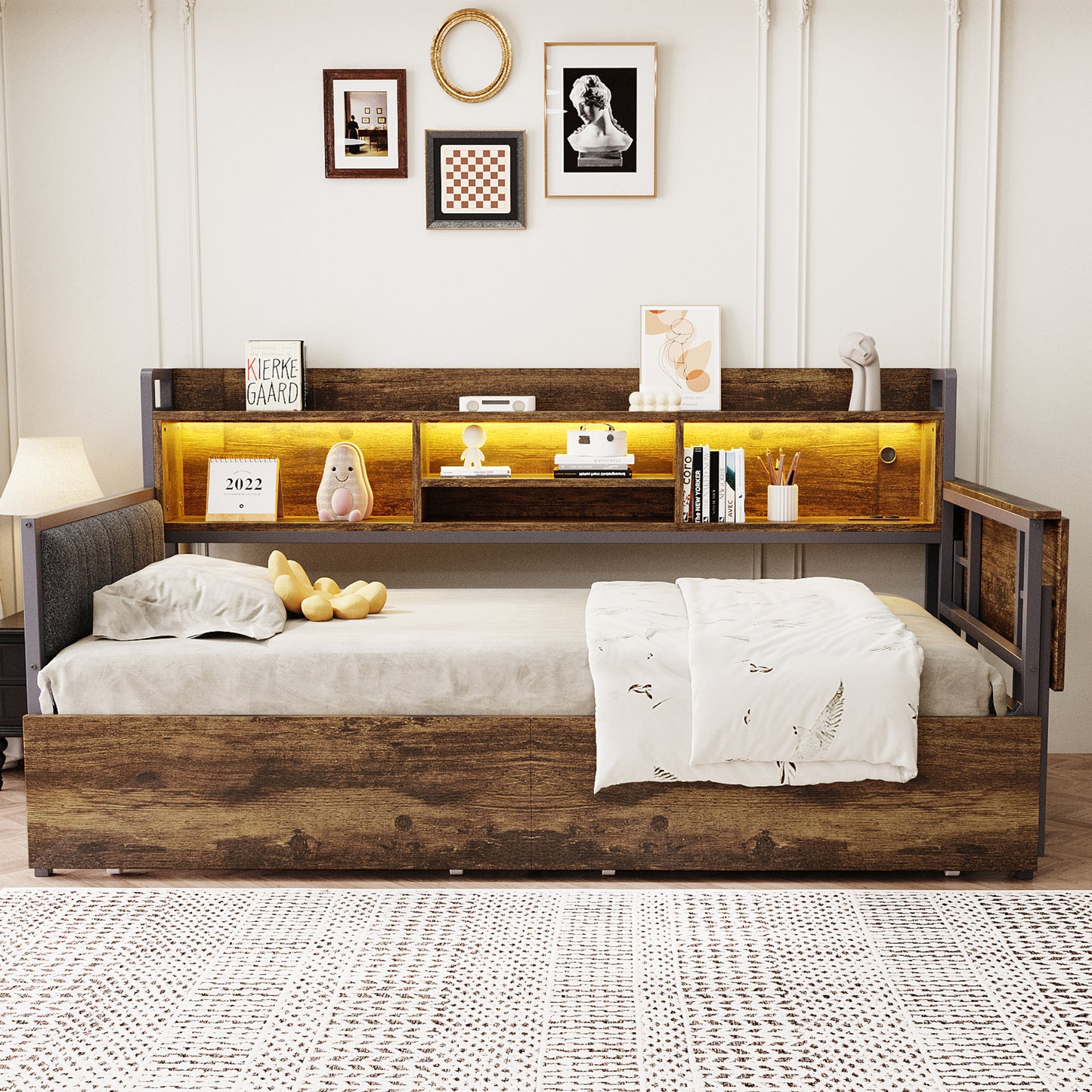 Iron Sofa Bed 90 X 200 Cm, With LED Lighting And Storage Space, With Drawers And Multifunctional Socket, Fold-out Desk, Soft Backrest, Single Bed, Wood Colour