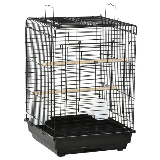 PawHut Steel Bird Cage With Openable Top, Stand, Tray, Handles, Feeding Bowls For Parakeet, Finch - Black
