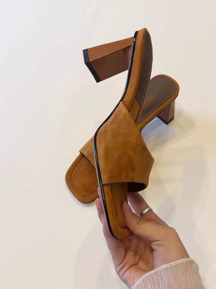 Elevated Version French Open Square Toe High Heel Slides For Women, Simple Slip-On Block Heel All-Match One-Strap Summer Outdoor Sandals