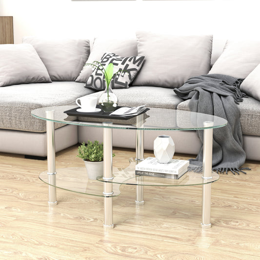 Transparent Oval Glass Coffee Table, Modern Table With Stainless Steel  Leg, Tea Table 3-layer Glass Table For Living Room