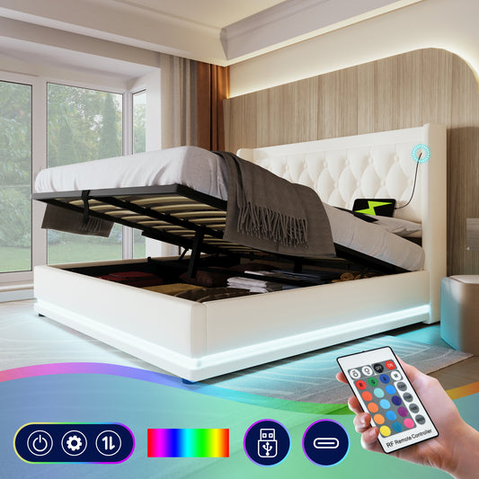 Upholstered Bed Double Bed 180x200 Cm,White PU Material Hydraulic Storage Bed, Upholstered Headboard With USB Type-C Charging Function, 3-Sided LED Function Without Mattress