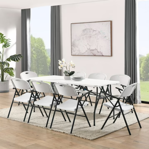 White 6 Foot Fold-in-Half Plastic Table, Indoor Outdoor, Scratch Resistant, Stain & UV Damage, Built-in Carry Handle  Shipment From Walmart