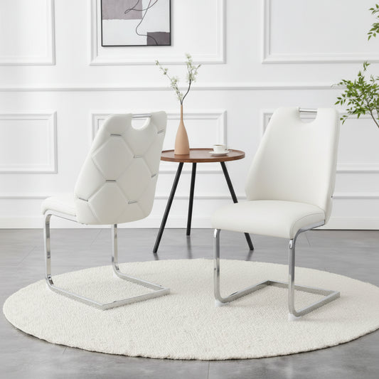 Dining Chairs Set Of 2, White Faux Leather Kitchen Chairs With Gold Mesh Texture, Silver Back Ring And Chrome Pull Handle, High Back Upholstered Dining Room Chair   White, Set Of 2