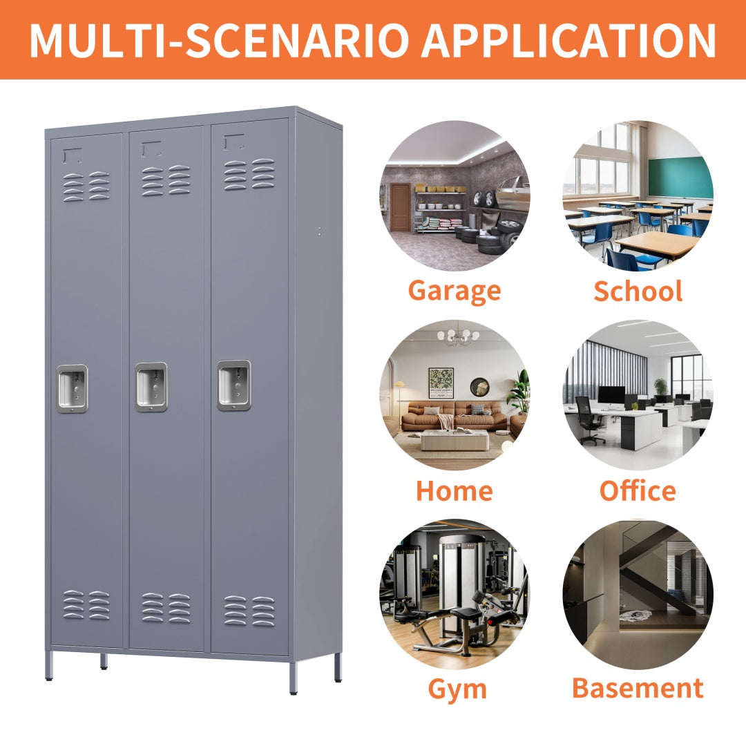 3 Door 72in H Metal Lockers With Lock For Employees,Storage Locker Cabinet For Home Gym Office School Garage,Gray