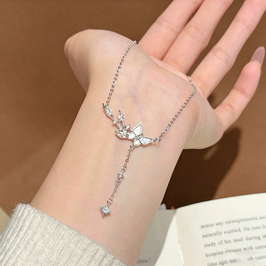 999 Fine Silver Butterfly Necklace With Tassel & White Shell, Forest Style Luxury Clavicle Chain, Gift For Girlfriend & Best Friend