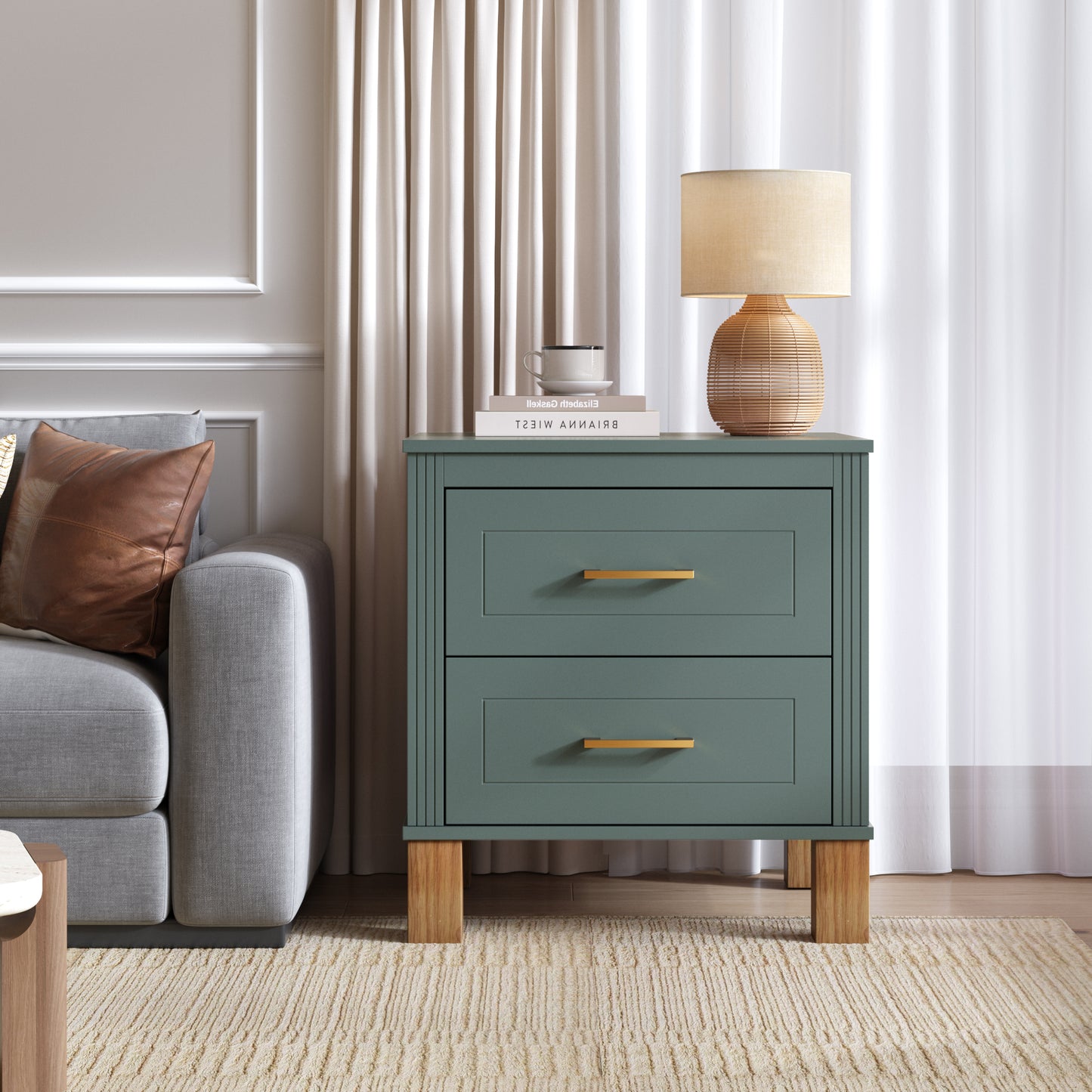 2 Drawer Nightstand, Premium Wood Storage With Elegant Fluted Design, Solid Wood Legs Nightstand With Metal Handle, Tall Bedside Table For Bedroom Living Room,Blue