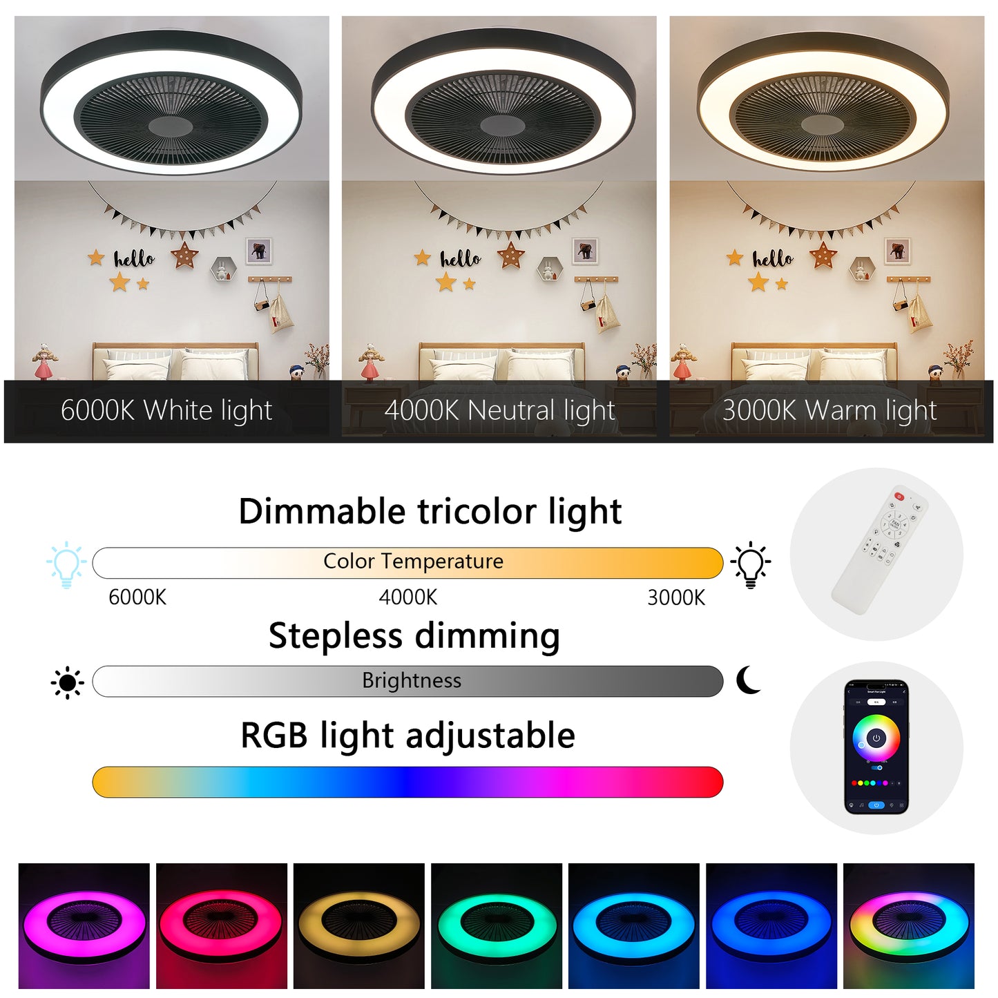 19-inch Black Ceiling Fan Light With LED RGB  Dimmable  Color-Changing, APP  Remote Control, Modern Smart Ceiling Fan For Living Room, Bedroom, And Dining Room Silent 6-Speed Reversible DC Motor