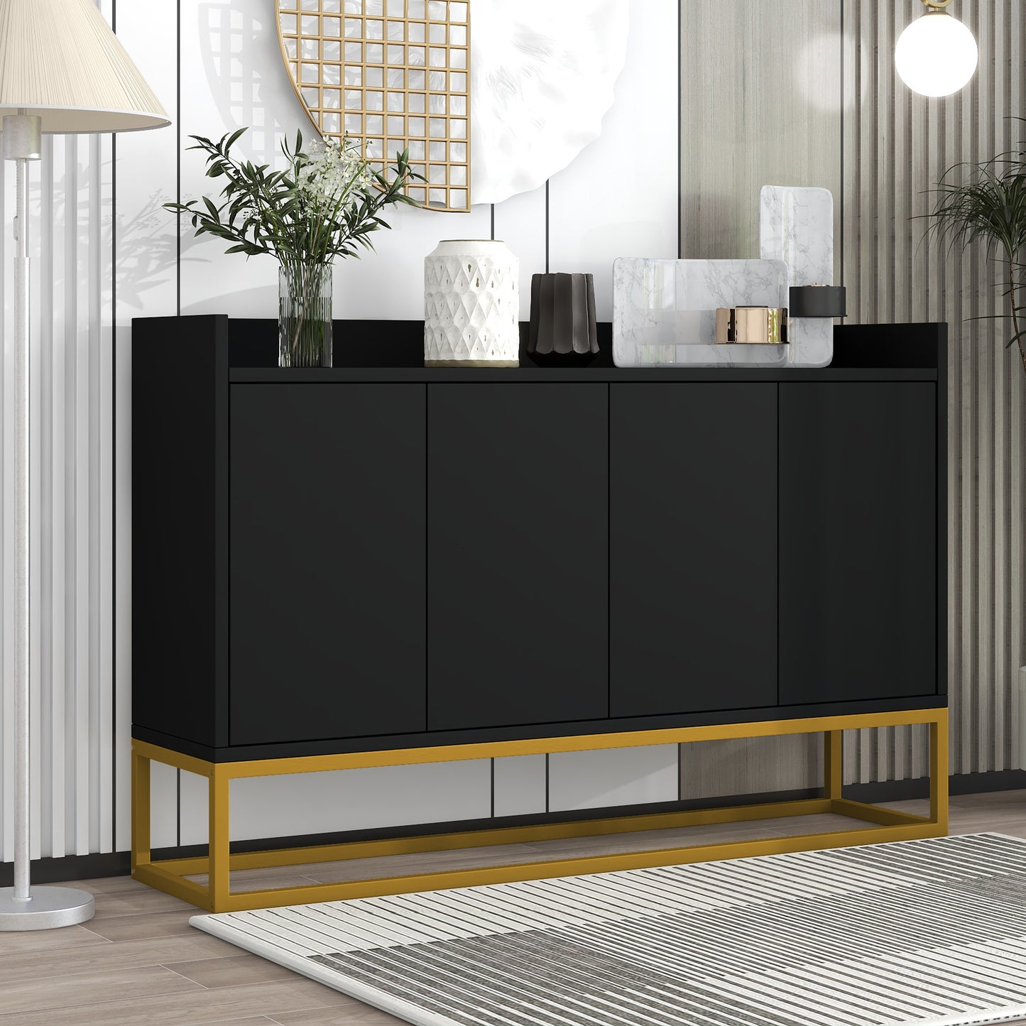 Modern Minimalist Style Sideboard 4-Door Handleless Buffet Cabinet For Dining Room, Living Room, Kitchen  Black