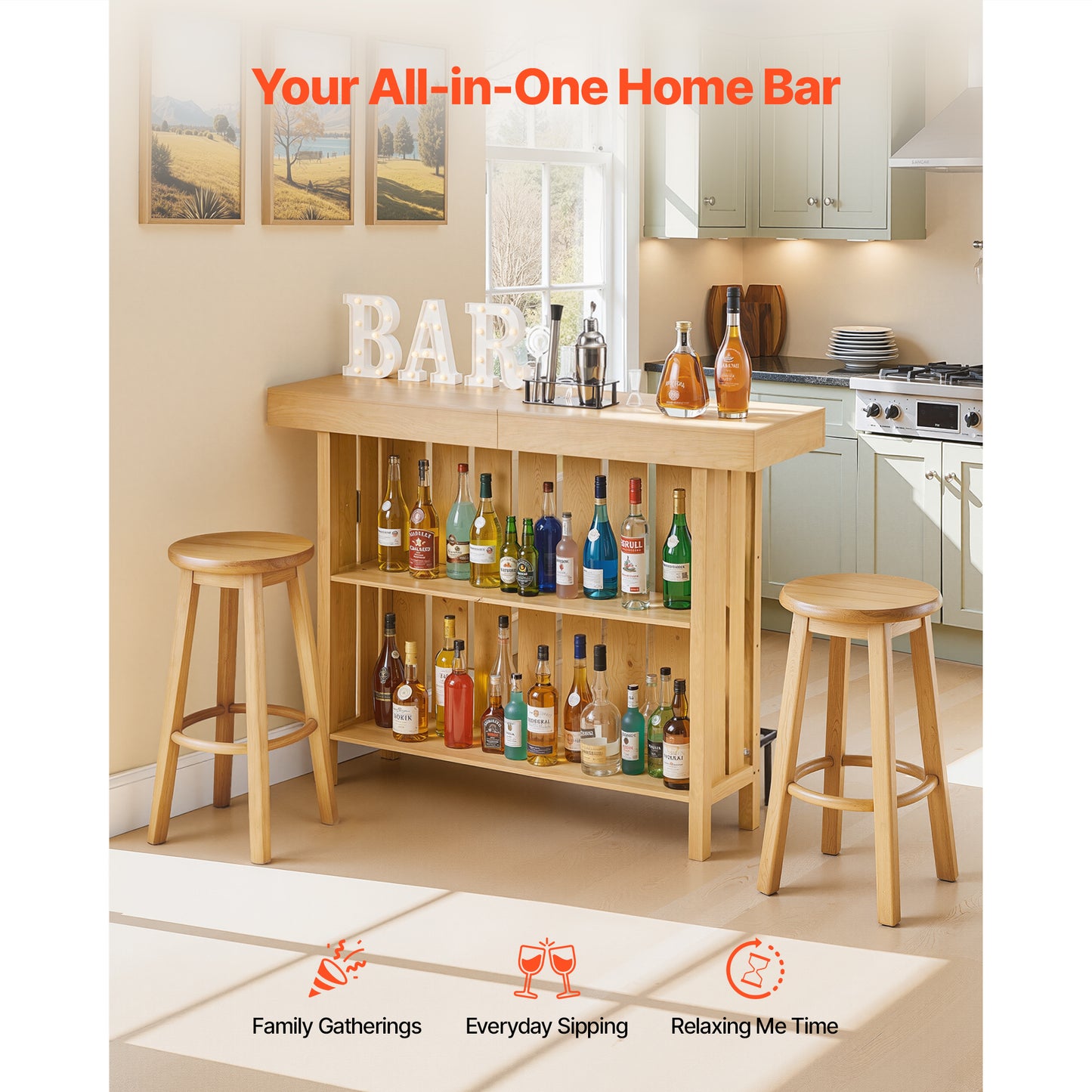 Home Bar Unit, Wine Bar Cabinet Table 3-Tier With Storage Shelves, Opener Storage Box & Adjustable Foot Pads, Black Footrest, Wood & Metal Liquor Cabinet For Home, Basement, Kitchen, Living Room
