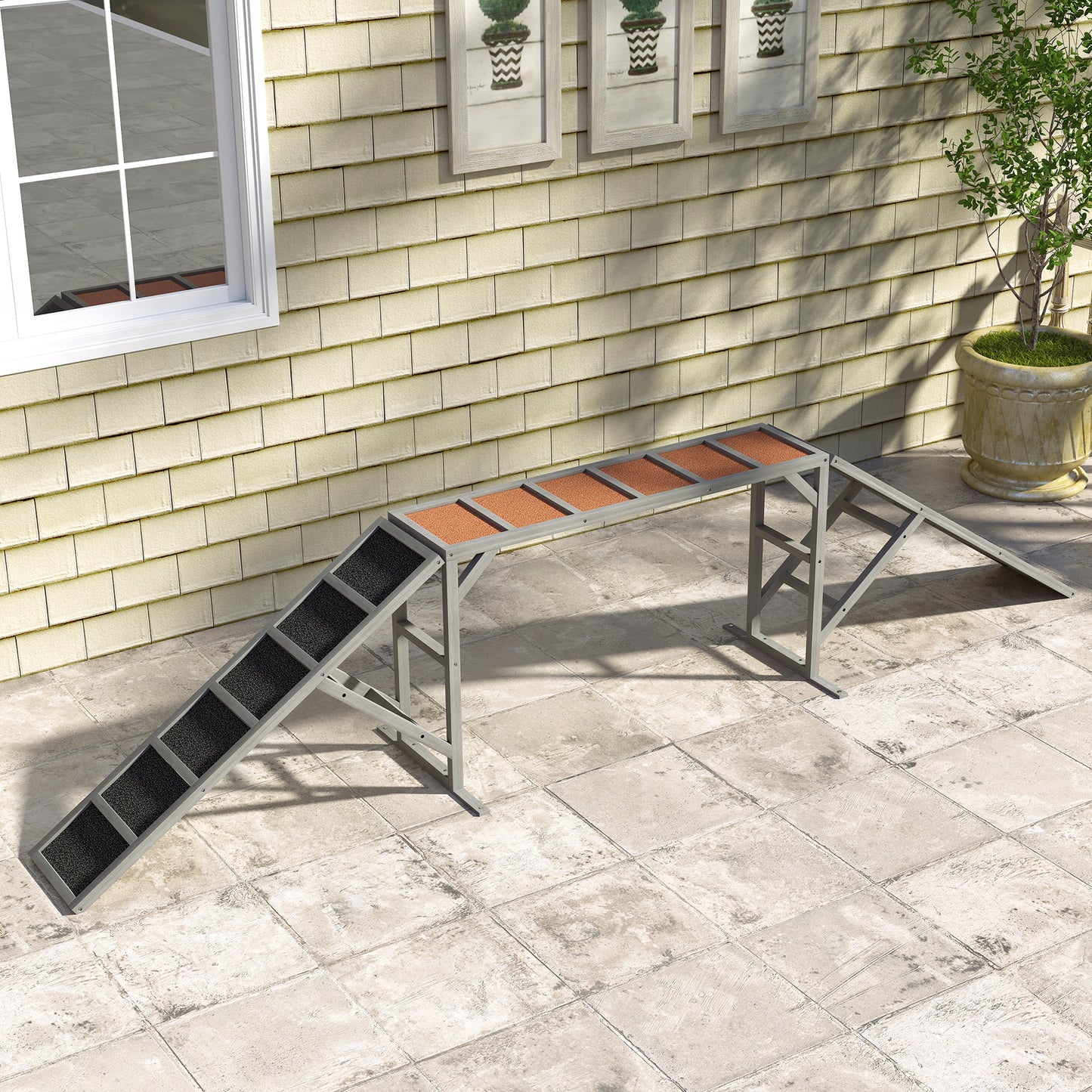 Dog Agility Equipment Ramp with Safety Bar, Non-slip Surface, for Walk and Pause Training, Gray